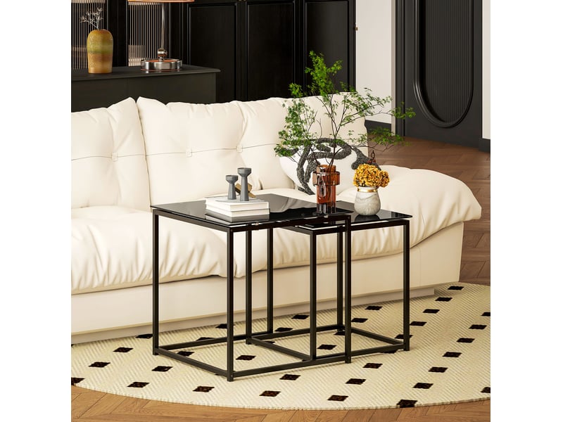  Lot de 2 tables d'appoint gigognes carrées en acier, verre trempé noir  - Conforama E
