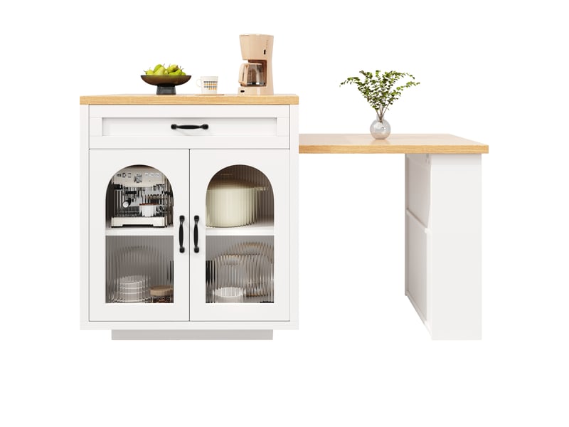  Desserte de cuisine extensible avec 2 tiroirs, portes vitrées et led, en mdf blanc pour cuisine 126–196×59×94 cm  - Conforama A