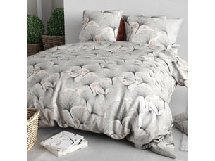 Parure housse de couette 260x240cm + 2 taies motif feuillage ginko gris 100% coton - frezia