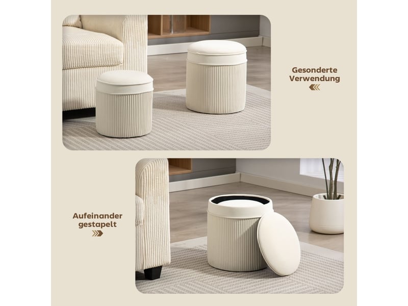  Lot de 2 tabourets avec rangements tabourets avec couvercle, repose-pieds rond aspect velours 36 x 36 x 41,5 cm blanc crème 838-596V00CW - Conforama E