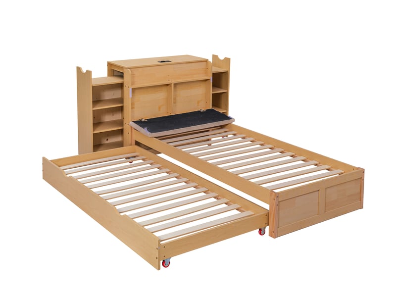  Lit gigogne 90x200 à 180x200 cm en bois et mdf naturel, tête de lit bibliothèque, couchage modulable  - Conforama A