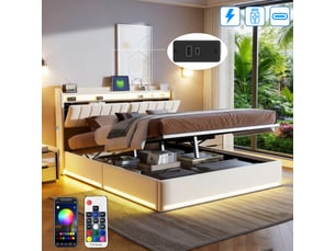 Lit coffre hydraulique 160x200cm avec led et usb tpye c, lit double rembourrée avec sommier, lit capitonné 2 personnes, rangement de chevet, tête de lit avec étagère ouvertes, poches latérales, cadre de lit, beige, gris, chambre adulteado-sans matelas
