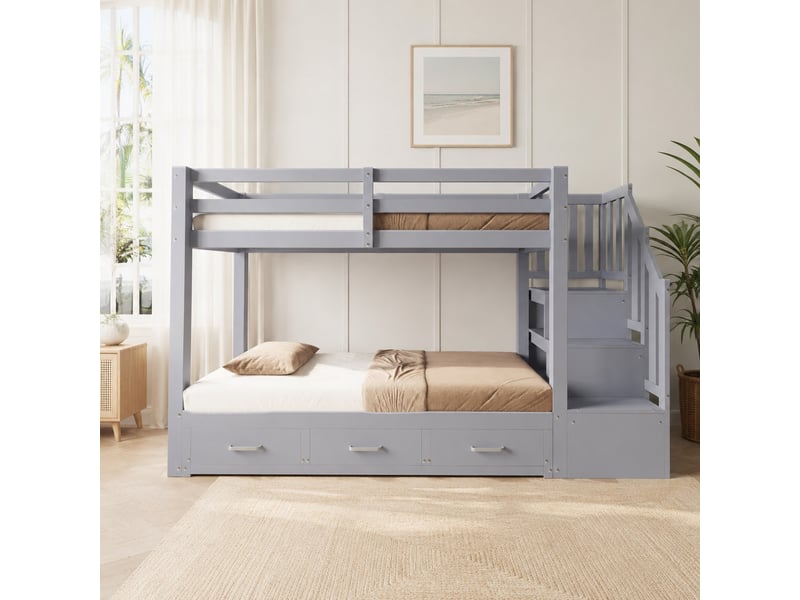 Lit superposé gris 90 x 200 cm avec lit gigogne extensible et escalier de rangement - Conforama D