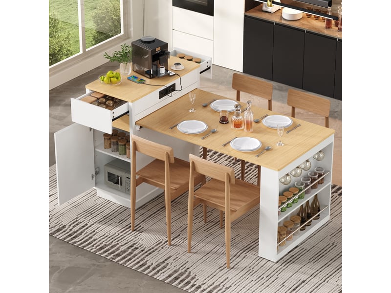  Ilot central de cuisine - 80,5x58x94cm - desserte extensible avec table, prises, led et roulettes - blanc et bois  - Conforama C