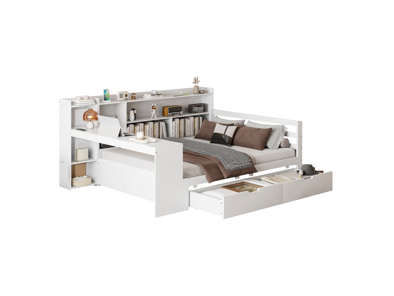 Lit multifonction 140x200 cm avec bureau, rangements et prise, pin blanc, sans matelas - Conforama A