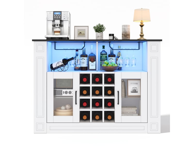  Buffet à vin avec led rgb 120x35x84 cm en mdf blanc, plateau noir  - Conforama A