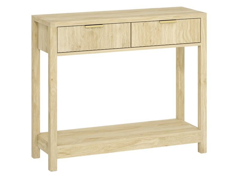  Console meuble 90 cm, table console étroite avec 2 tiroirs rainurés et étagère, bois naturel, style moderne  - Conforama B
