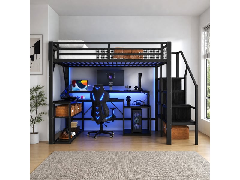  Lit mezzanine 200×140 cm avec bureau, rangements, éclairage led et ports usb, sans matelas, en métal noir  - Conforama B