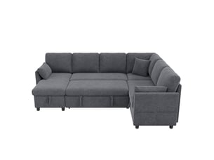 Canapé d'angle modulable 255x196x85 cm, convertible avec méridienne réversible, rangements, usb et type-c, tissu effet lin, gris