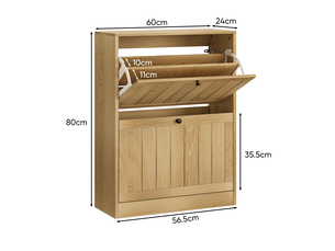 Meuble à chaussures en chêne clair de 60 cm - meuble de rangement pour entrée avec 2 portes abattantes et poignées en métal