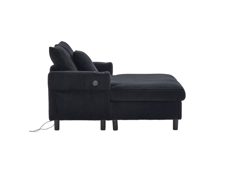 Canapé 142x128x85cm avec porte-boissons latéraux, ports usb, éclairage led, design moderne, velours côtelé noir - Conforama E