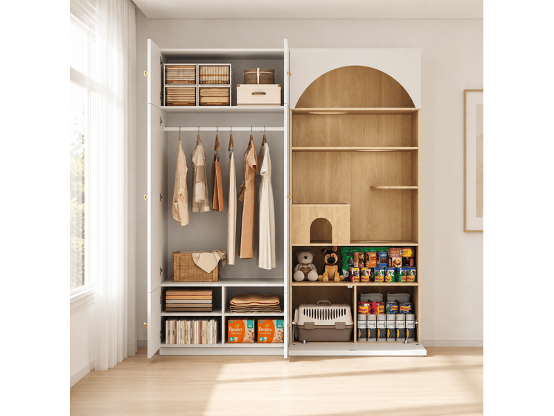  Armoire penderie 2-en-1 180 x 50 x 200 cm avec espace félin, blanc et aspect bois  - Conforama E