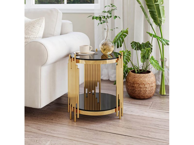  Table basse ronde 45x45x55 cm à 2 niveaux en verre noir et doré  - Conforama E