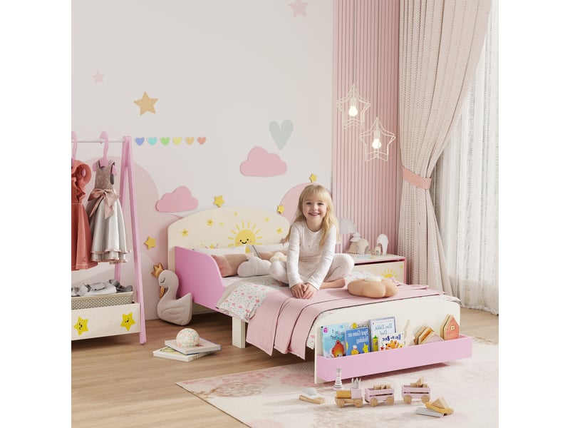  Lit enfant 70x140 cm rose avec rangement, lit de transition 3 à 8 ans en bois avec barrières  - Conforama C