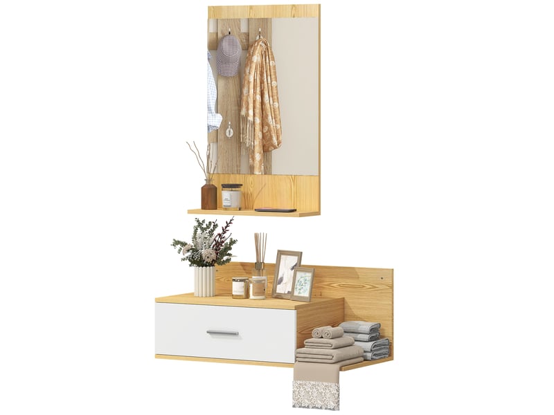  Ensemble mural pour entrée avec miroir et rangements, miroir avec tiroir et 2 étagères ouvertes, bois naturel  - Conforama A