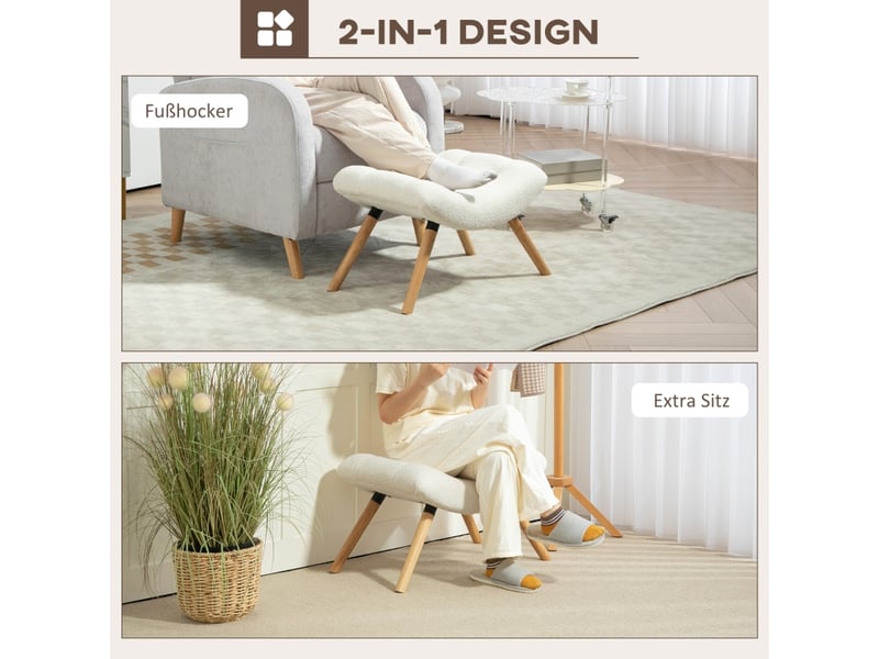 Repose-pied et tabouret rembourré avec assise ergonomique et pieds en hêtre, en tissu bouclette polyester blanc crème - Conforama E