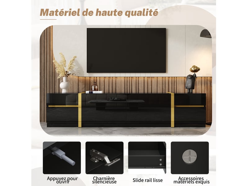 Meuble tv bas 180x40x38 cm avec 4 tiroirs et 2 portes, armoire de rangement, meuble de salon, style moderne, mdf noir  - Conforama E