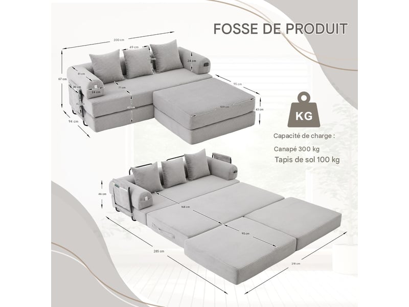  Canapé modulable 3 places en velours côtelé avec pouf gris clair W2845S00386 - Conforama C