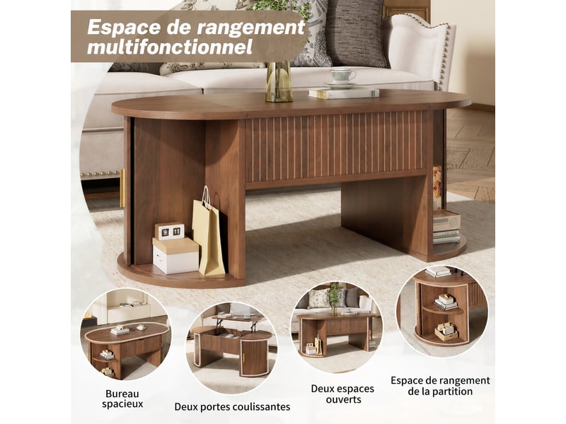  Table basse ovale relevable en mdf effet noyer pour télétravail, 100 x 50 cm  - Conforama D
