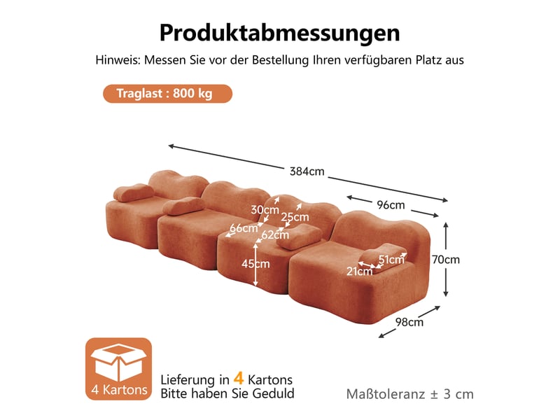  Canapé modulable, canapé 4 places – assise profonde, avec accoudoirs, sans cadre, mousse haute densité, orange  - Conforama D