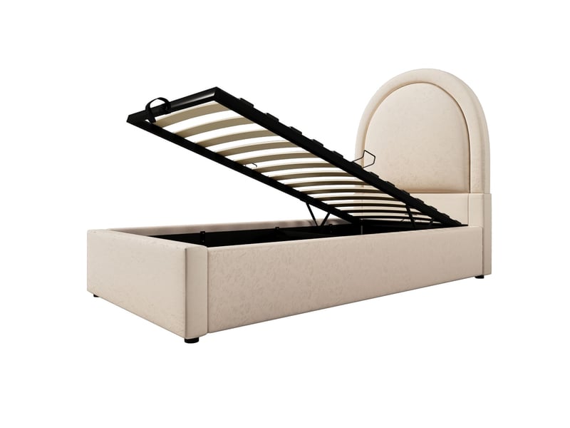  Lit coffre 90x200 pu beige pour enfant - lit rembourré - tête de lit arc, rangement pratique, design solide, facile à entretenir  - Conforama D