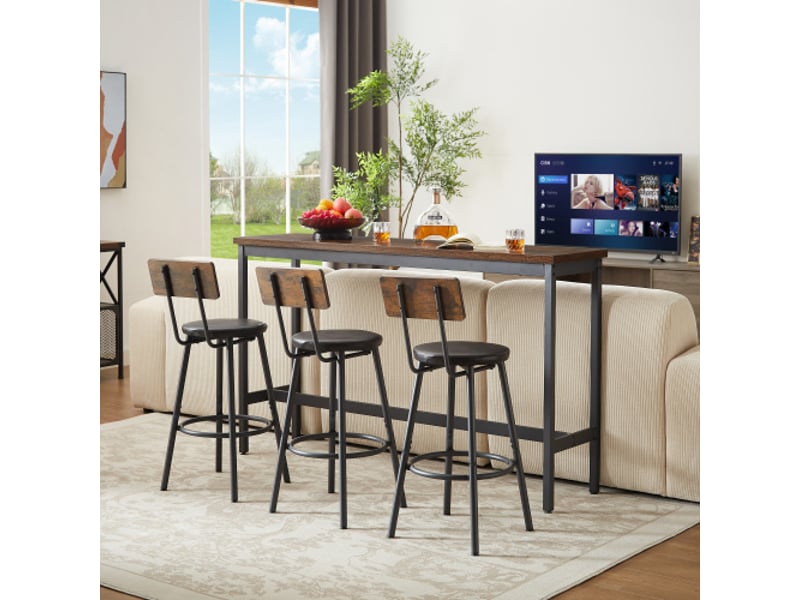  Ensemble table à manger avec chaises, longue table de bar industrielle avec 3 tabourets de bar rembourrés en pu, mobilier pour cuisine et salle de petit‑déjeuner  - Conforama D
