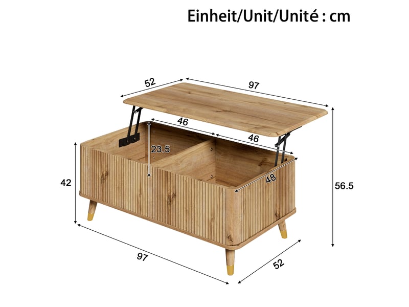 Table basse relevable avec coffre de rangement, mécanisme hydraulique, style rétro en mdf naturel 97 × 52 × 56,5 cm - Conforama C