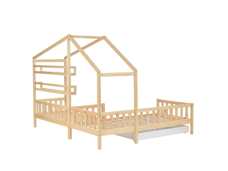 Lit cabane l avec garde-corps et rangement, dimensions 90x200 cm + 140x70 cm, bois naturel - Conforama W