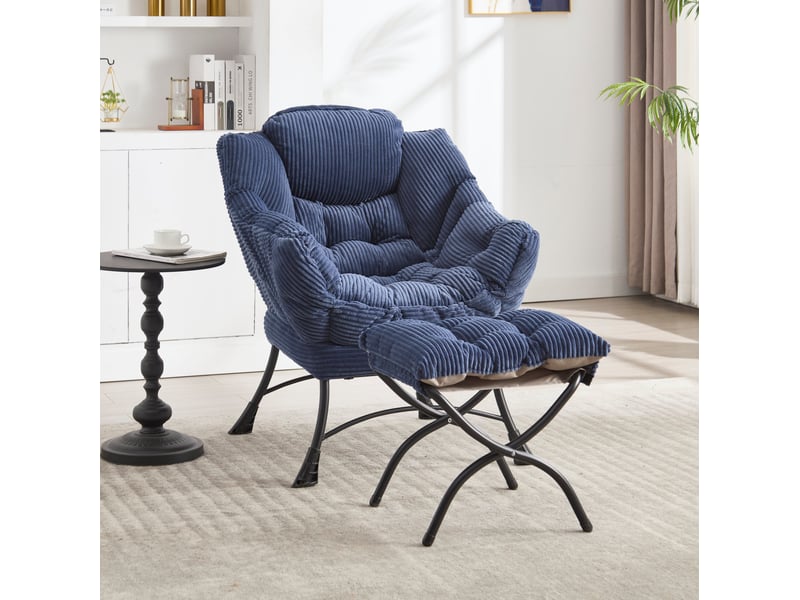  Fauteuil lounge 25x27x37 pouces ottomane, structure en métal, doux et confortable, revêtement flanellette bleu marine  - Conforama B