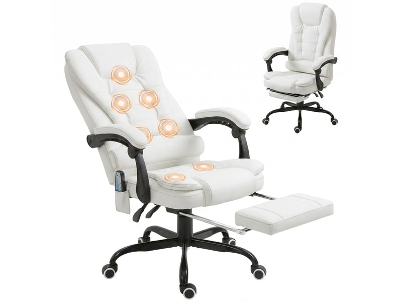  Fauteuil de bureau avec 7 points de massage, repose-pieds rétractable, hauteur réglable, télécommande et revêtement en tissu pu blanc  - Conforama B