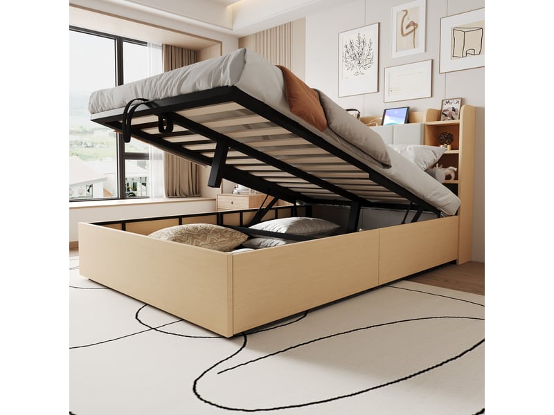  Lit en bois 140 x 200 cm avec relevage hydraulique, tête de lit avec rangement, usb et usb-c, sans matelas  - Conforama C