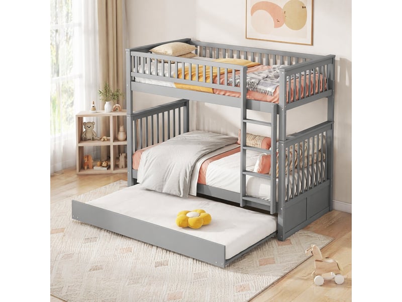  Lit superposé 90x200 cm avec lit gigogne en bois gris  - Conforama C