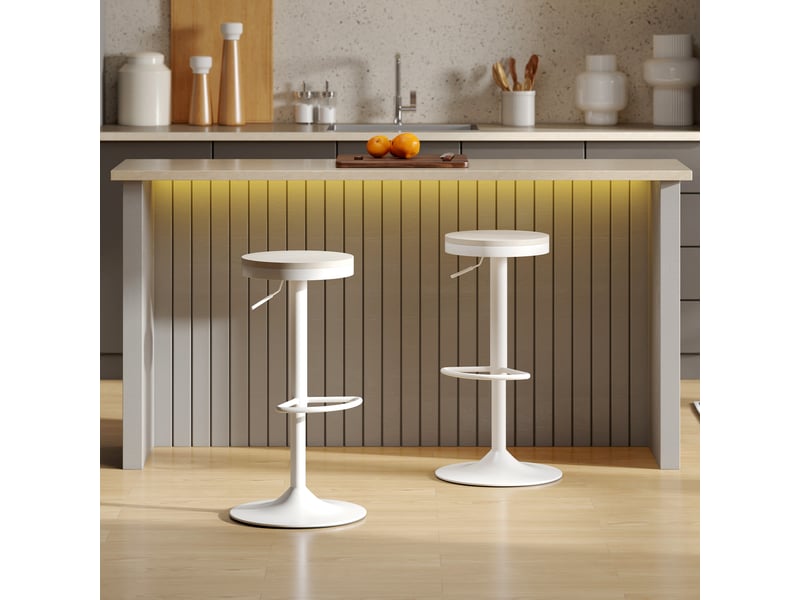  Lot de 2 tabourets de bar, chaises de bar pivotantes avec assise en hévéa, hauteur réglable et repose-pieds, blanc  - Conforama C