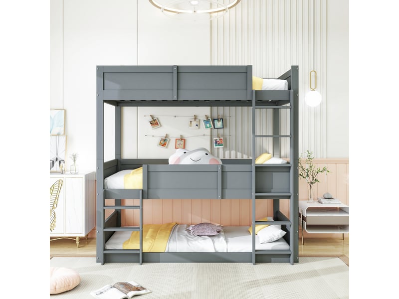  Lit triple 90 × 200 cm avec sommier à lattes en bois massif, lit enfant en bois, lit 3 personnes en gris  - Conforama C