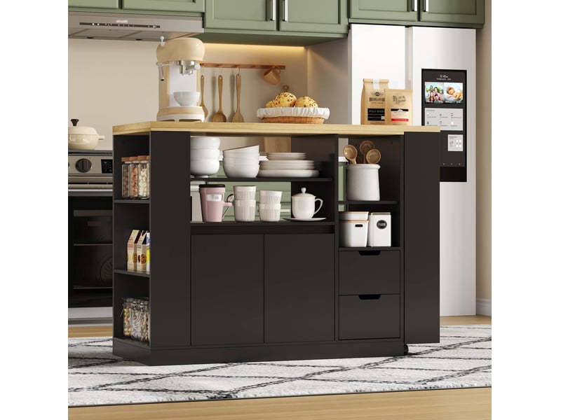  Îlot de cuisine 115x50x92 cm noir et naturel avec plateau pivotant extensible  - Conforama D