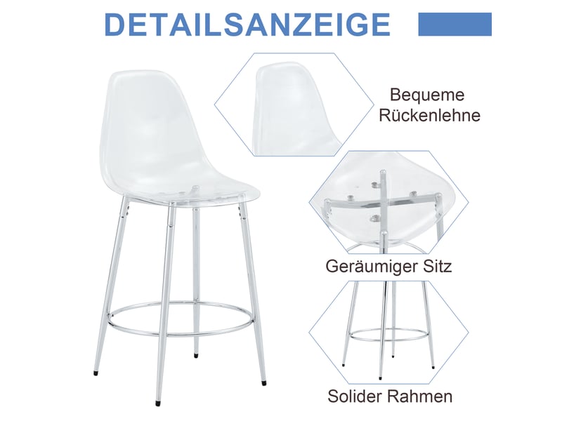 Lot de 2 tabourets de bar transparents avec dossier ergonomique, pieds en métal argenté et repose-pieds intégré, hauteur totale 102 cm - Conforama D