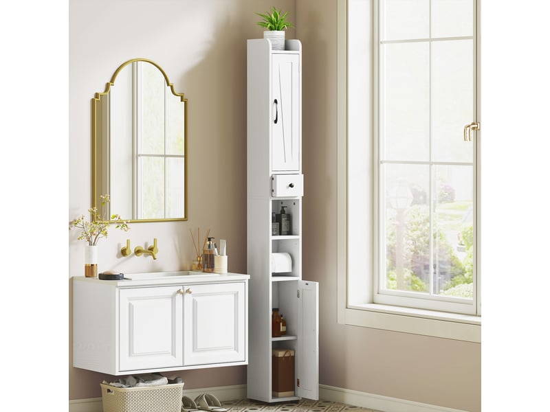  Colonne de salle de bain à 2 portes, compartiment ouvert, étagères réglables et porte-papier toilette, 20 x 20 x 185 cm, blanche  - Conforama D