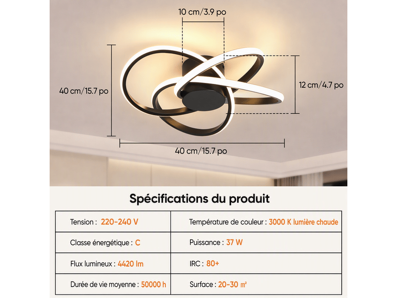 Plafonnier led trèfle à 4 feuilles, d38 x h13 cm, lampe de plafond 37 w 2283 lm, noir sable, 3000 k blanc chaud, salon, chambre, cuisine  - Conforama C