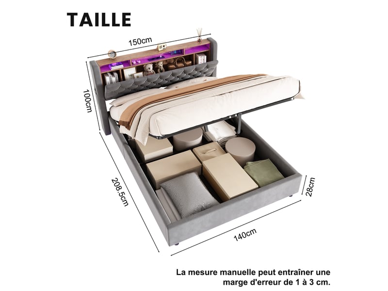  Lit capitonné 140x190 cm avec rangement et velours gris  - Conforama C