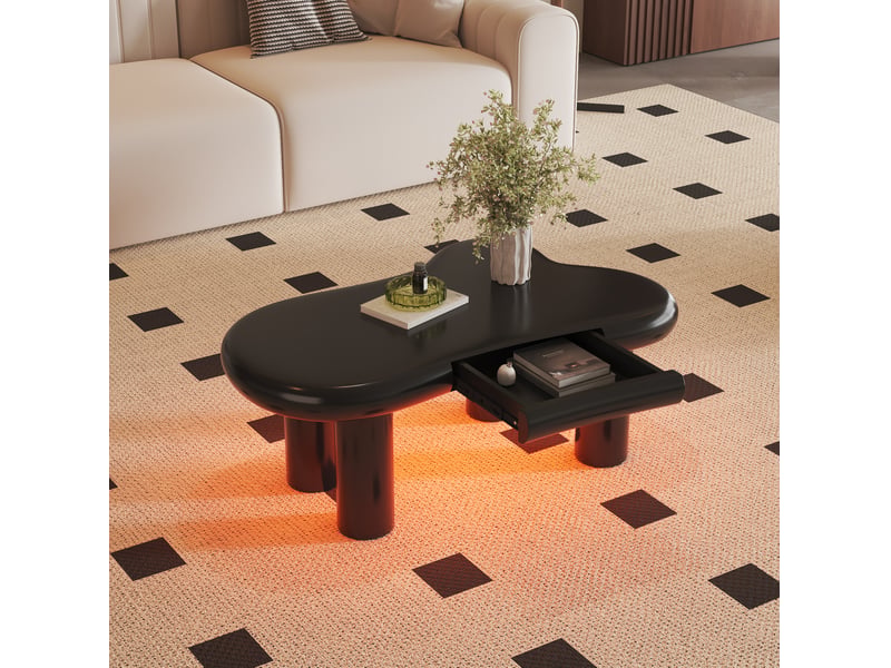  Table basse 98x65,5x40 cm design nuage avec tiroir, éclairage led 16 couleurs, contemporain, pour le salon, mdf, noir  - Conforama D