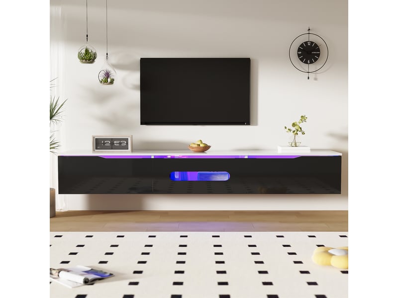  Vitrine &amp; meuble tv 180×30×35 cm – couleur chêne + blanc laqué, led 16 couleurs  - Conforama B