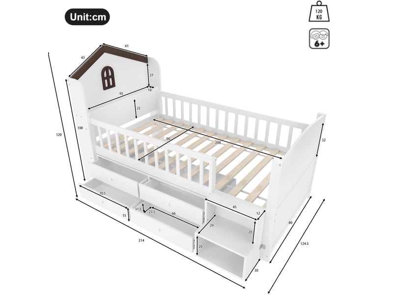  Lit cabane 90x200 cm équipé de fenêtre, led, 4 tiroirs, bois, coloris blanc, sans matelas  - Conforama C