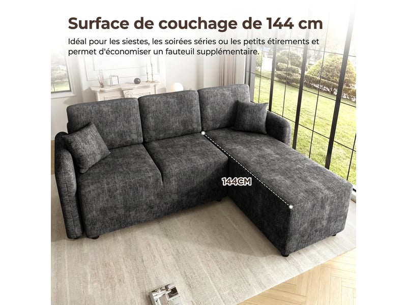  Canapé d'angle 3 places en chenille noir avec méridienne 144cm - mousse haute densité et 2 coussins inclus  - Conforama R
