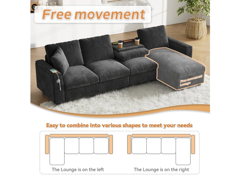  Canapé d'angle convertible 4 places 280x137x84 cm, rangements, usb type-c, table pliante, porte-gobelets, chenille, gris  - Conforama D