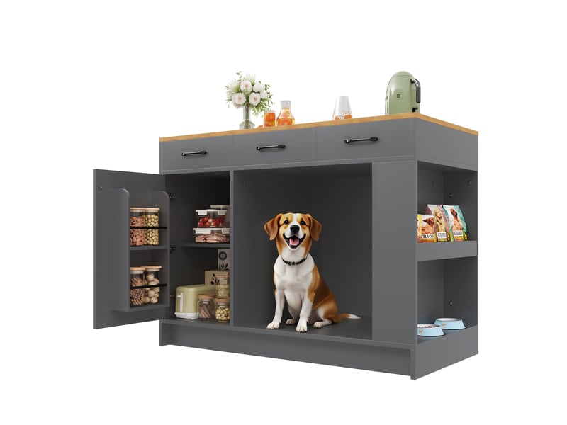  Îlot de cuisine gris et naturel desserte de cuisine avec 3 tiroirs et espace animal 120x60x90 cm  - Conforama W