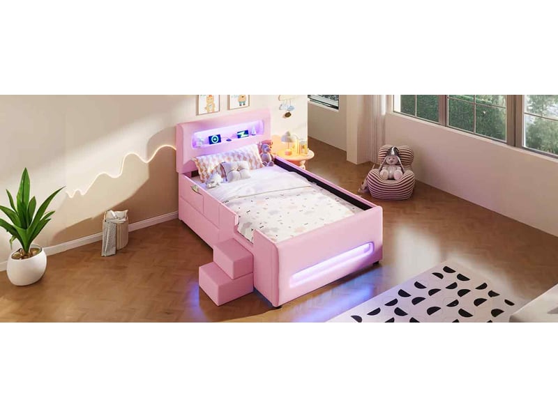  Lit enfant rembourré 90 × 200 cm, marches, tiroirs, led et usb, rose  - Conforama B