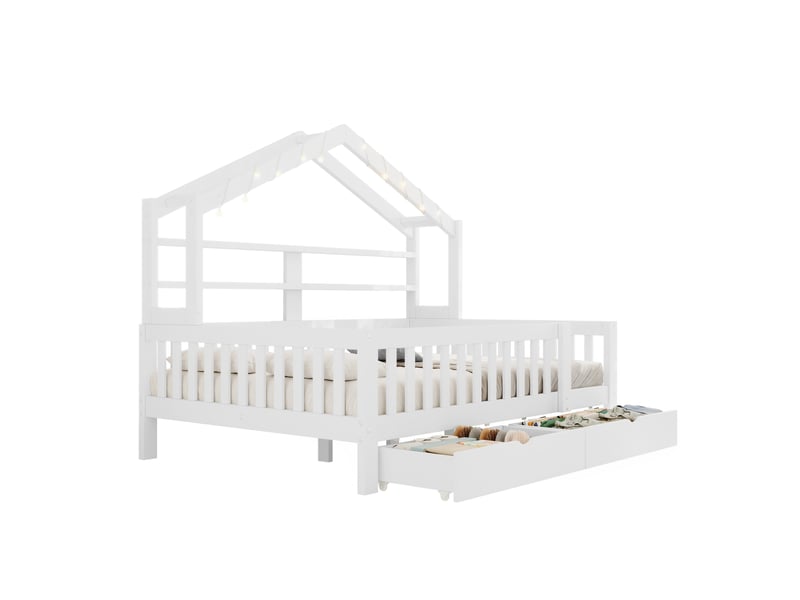 Lit cabane enfant 140x200 cm, lit au sol, tiroirs de rangement, barrière de sécurité, éclairage led, support à lattes stable, pin blanc OPULERANE TRADING LTD - Conforama A
