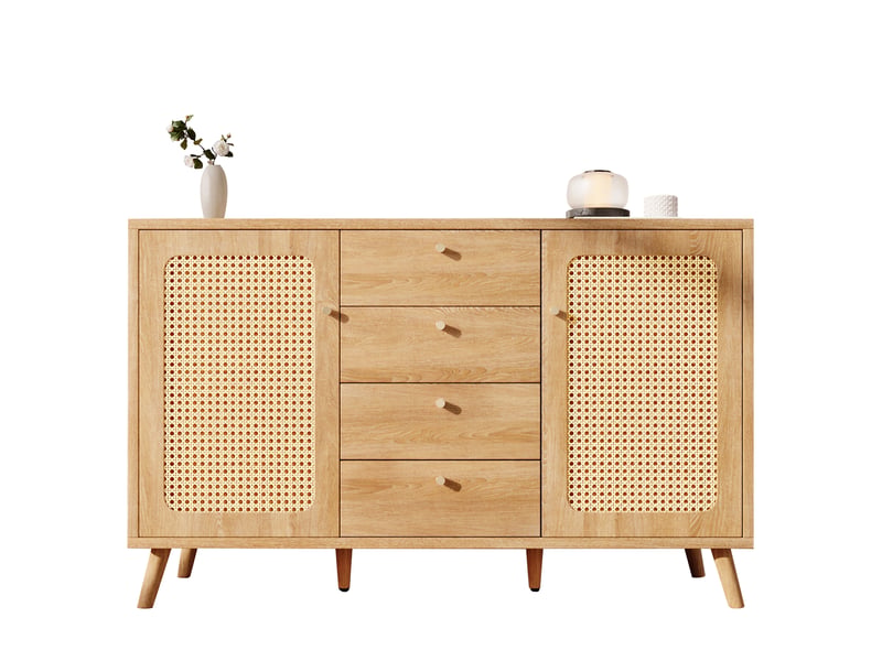 Buffet avec 2 portes, 4 tiroirs et étagères réglables pour salon en panneaux 140×40×86 cm chêne clair - Conforama A