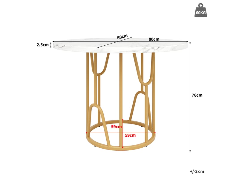  Table à manger ronde,80x80x76 cm,4 à 6 places,mdf,effet marbre blanc et métal doré  - Conforama C