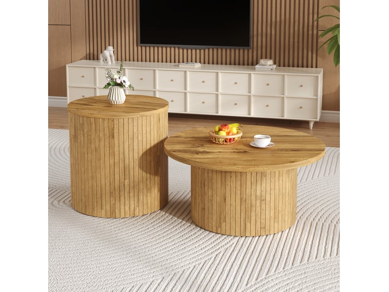  Table basse gigogne ronde 75x75x36+50x50x50,5 cm, table d'appoint, style moderne, pour le salon, mdf, couleur naturel  - Conforama D
